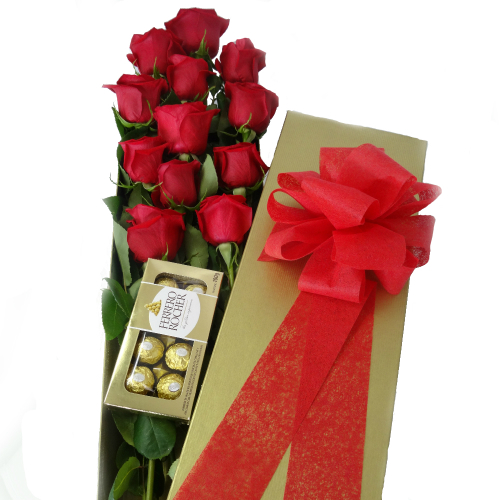 rosas en caja dorada con chocolate, irania floristeria