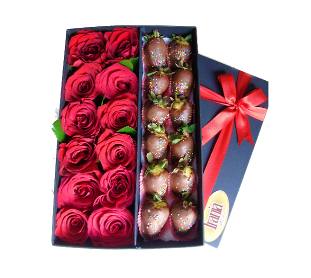 12 rosas con 12 fresas con chocolate en caja irania floristeria bogota