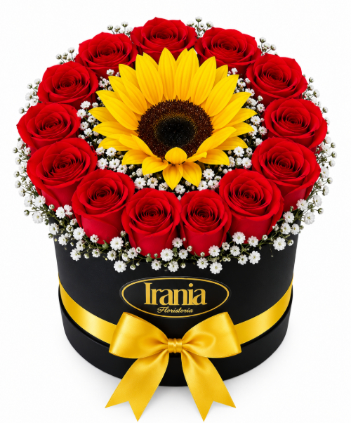 caja de rosas con girasol